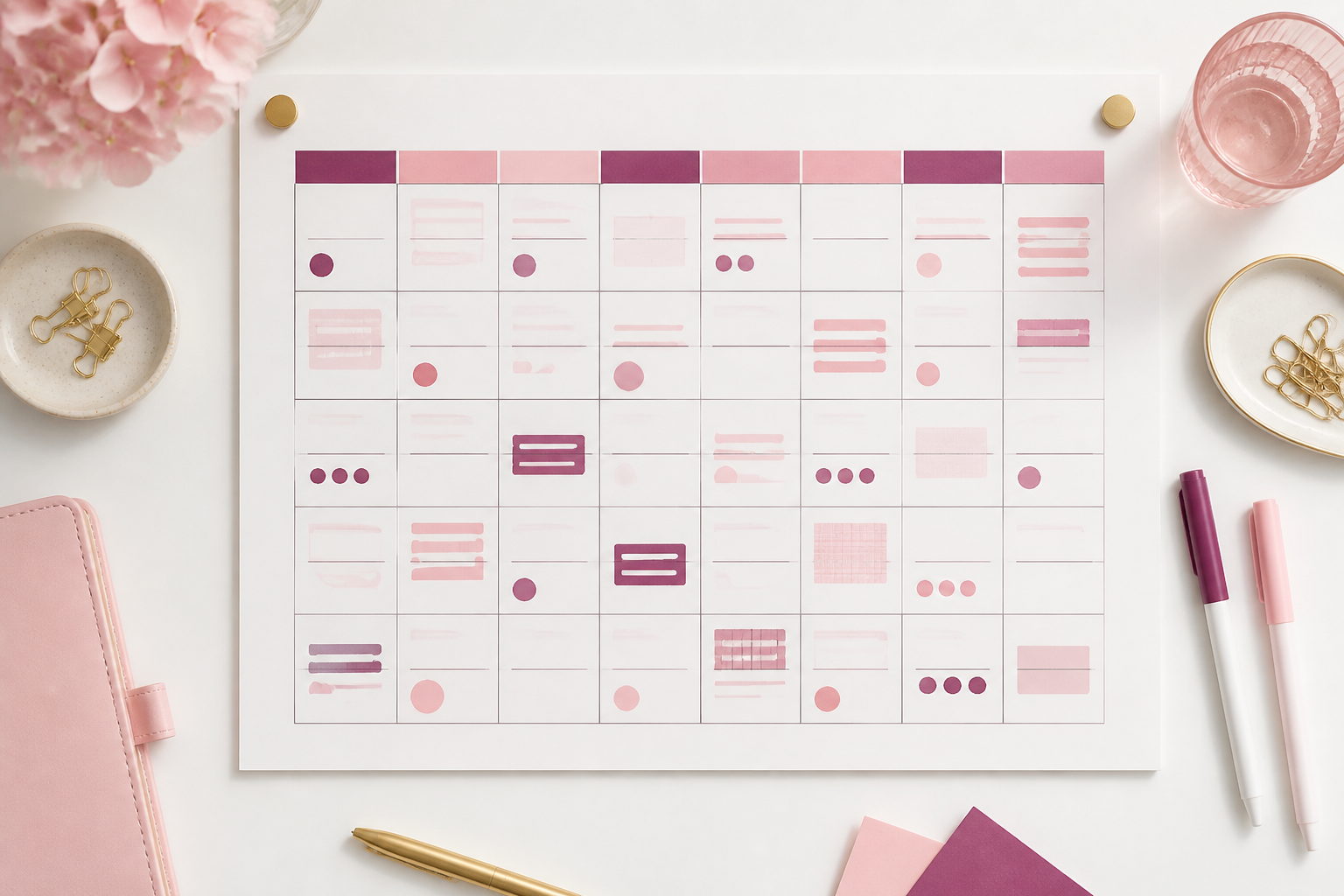 A finished editorial calendar deliverable laid out on a desk